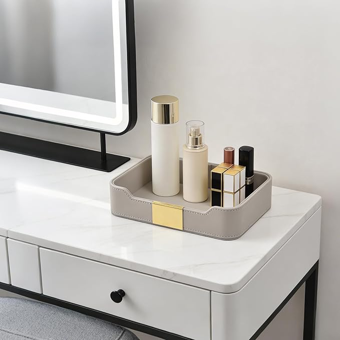 Luxury Leather Valet Tray Desktop Storage Organizer,Bedside Vanity Catchall Tray Nightstand Caddy Holder for Cosmetic,Jewelry,Watch,Keys,Phone,Wallet,Remote Controller,Pen,Gray