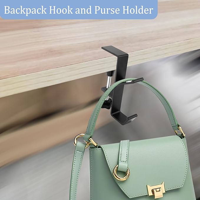 Desk Mount Bag Holder Hook Clamp,On Backpack Hanger Portable Desk Mount Headphones Holder for Reduce Desk Clutter Table Desk Table Hanging Storage(2 Pcs-Double Hook Black)