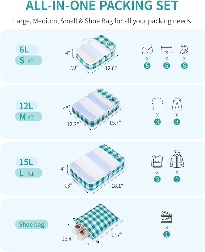 ECOHUB 6 Set Packing Cubes for Travel Durable Suitcase Organizer Bags Set with Personalized Tag Travel Essentials with Shoe Bag Traveling Accessories for Luggage Machine Washable,Turquoise Green