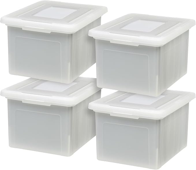 IRIS USA File Box, Plastic File Organizer with Lids for Letter/Legal File, Portable Document Box For Moving, Storage Bin with Durable and Secure Lid, Stackable Nestable BPA-Free, Pearl 35 Qt. 8 Pack