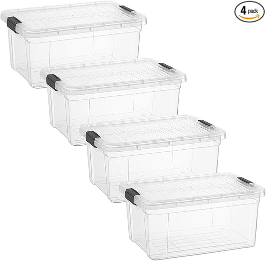 Superio Small Clear Storage Boxes with Lids, 11 Quart Plastic Container Bins for Organizing, Stackable Crates, BPA Free, Non Toxic, Odor Free, Organizers for Home, Office and Dorm, 4 Pack