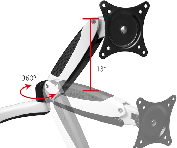 SIIG Single Monitor Desk Mount, White, Height Adjustable Gas Spring Assisted Full-Motion Easy Use, Holds 15" to 27" Screens, Up to 17.6 lbs, VESA 75 and 100