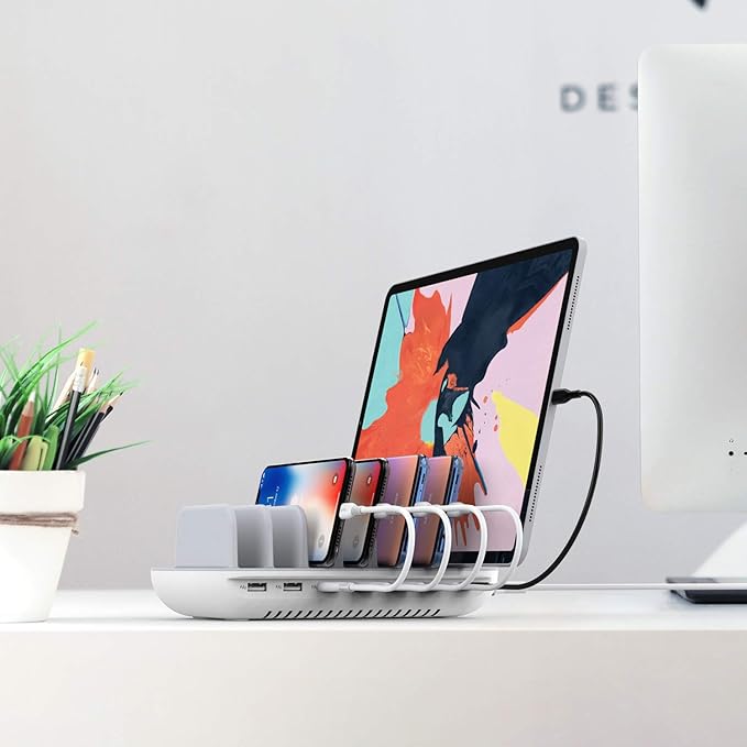SooPii 70W 7 Port Charging Station for Multiple Devices,Charger Station with One 30W Power Delivery Port for Laptops,and 6 USB Ports for Smart Phones,Tablets,Other Electronics, White