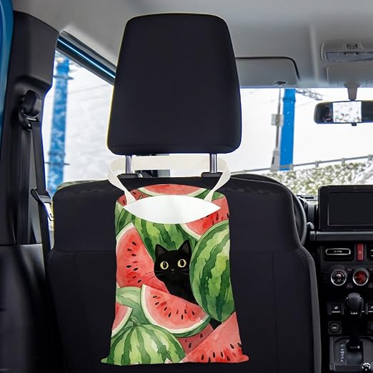 Black Cat Car Trash Bag, Watermelon Car Trash Bag Hanging, Watermelon Accessories, Summer Decor Waterproof Cars Back Seat Hanging Organizer Garbage Can for Vehicle Travelling Camping