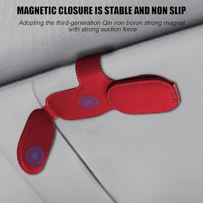 Sunglasses Holders for Car Visor, Magnetic Leather Vehicle Glasses Hanger with 2 Clips, Auto Interior Eyeglass Mount Organizer Accessories, Universal Fit (Red)
