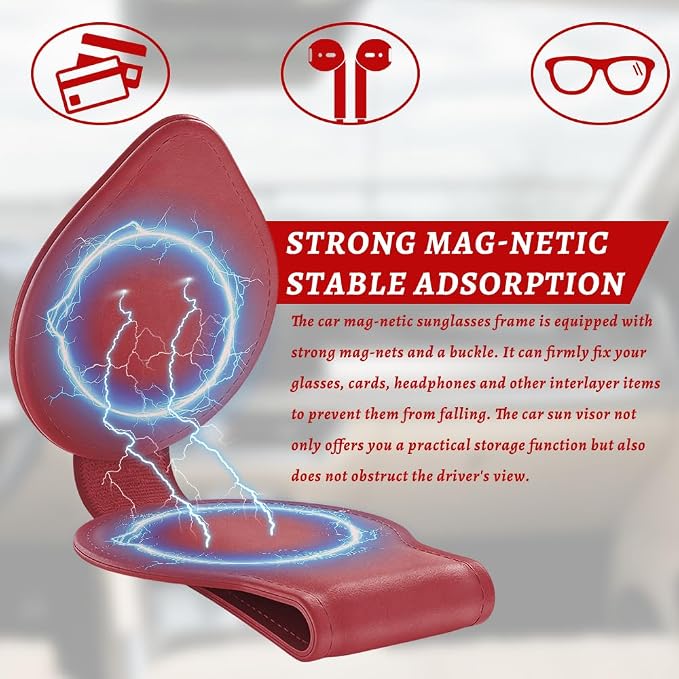 Sunglasses Holders for Car Visor, PU Leather Car Organizer, Magnetic Glasses Holder and Ticket Card Clip, Multi-Functional Auto Sun Visor Eyeglass Holder for Most Vehicles (Wine Red)