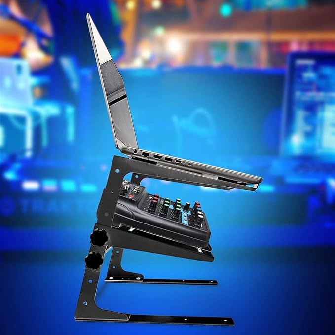 AxcessAbles Two-Tier Adjustable DJ Stand with Clamps | for DJ Controllers, Music Mixers, Laptops up to 20lbs.| DJ Controller Stand Compatible with DDJ-REV1, DDJ-FLX4 (LTS-03 Black)
