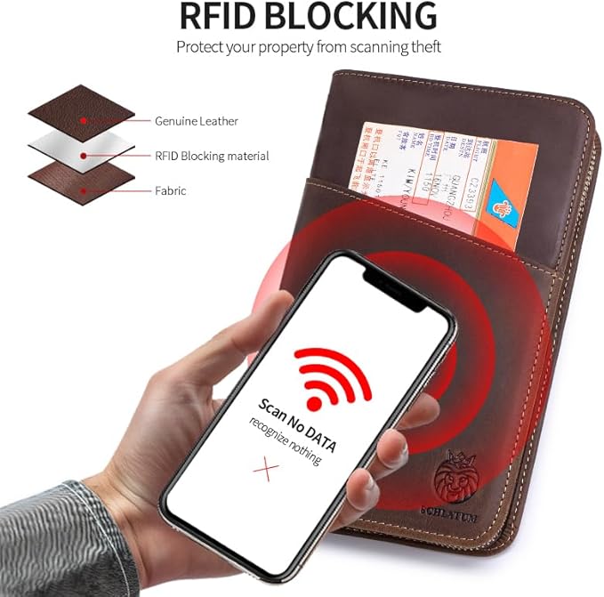 Leather Family Passport Holder RFID Blocking Vintage Zipper Large Capacity Travel Wallet with 6 Passport Slots & Wristlet