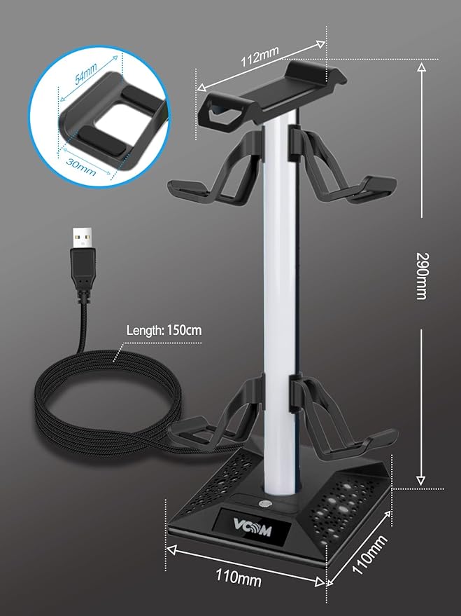 VCOM RGB Gaming Headphones Stand with 2 USB and 1 Type-C Ports, Headset Stand with 10 Light Modes and Non-Slip Rubber,Suitable for All Earphone Accessories, Best Gift for Desk Gamers