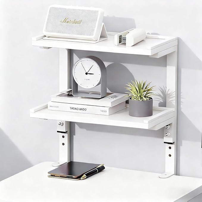 2-Tier Desk Shelf, Expandable Under Desk Storage, Clamp on Desk Shelf, Desktop Accessories for Offices, Study Rooms, and Game Rooms (White)