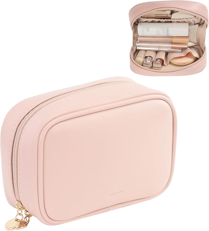 RIGHT AWAY Small Makeup Bag for Purse,Cosmetic Bag Organizer for Women,Waterproof PU Leather Make Up Pouch Toiletry Bag with Pockets,Portable Makeup Case for Travel Accessories&Accessories(Pink)