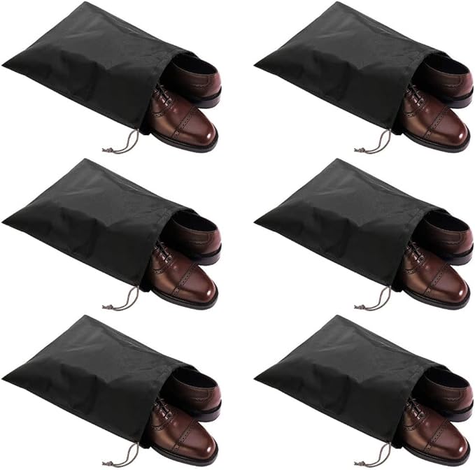 6 Pack Waterproof Nylon Shoe Bags Travel Bags for Men Women (Black, 15.1"(L) x12.2"(W))
