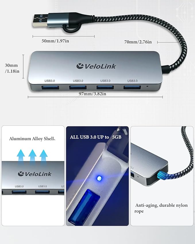 USB 3.0 Hub, USB Multiport Adapter, USB Extender Hub 4 Port, USB Splitter for Laptop/PC/MacBook/iPad Pro/iMac and More