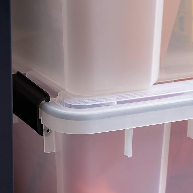 IRIS USA WeatherPro 74 Qt Storage Bins with Lids, 4 Pack, BPA-Free Plastic Gasket Box with Tight Latch and Seal, Stackable Nestable Tote Tub - Clear/Black