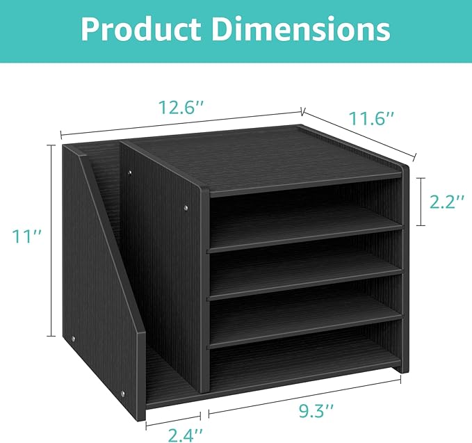4-Tier Black Wood Desk Paper Organizer, Modern Desktop Letter Tray for File Folders, Black Office Desk Shelf Accessories & Workspace Organizers for A4 Documents, Sturdy Wood Sorter Orgnizer Shlef