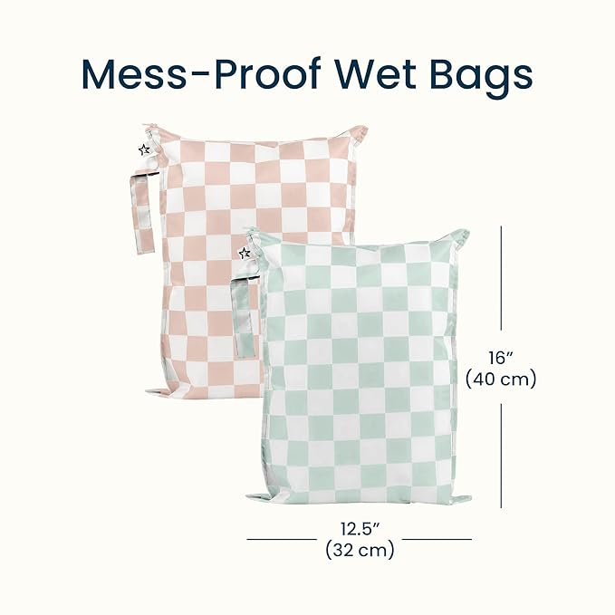 Tiny Twinkle Mess Proof Wet Bags | 2-Pack Reusable Waterproof Wet Bags for Swimsuits | Baby Clothes | Travel & Diaper Bag (Unisex Checkers)