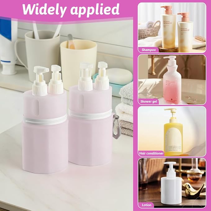 4-in-1 Travel Dispenser Bottles, Suction Cup and Adjustable Height Design, Travel Toiletry Containers with Labels and Storage Bag, Leak-Proof Compact Travel Set for Shampoo, Conditioner, Body Wash.