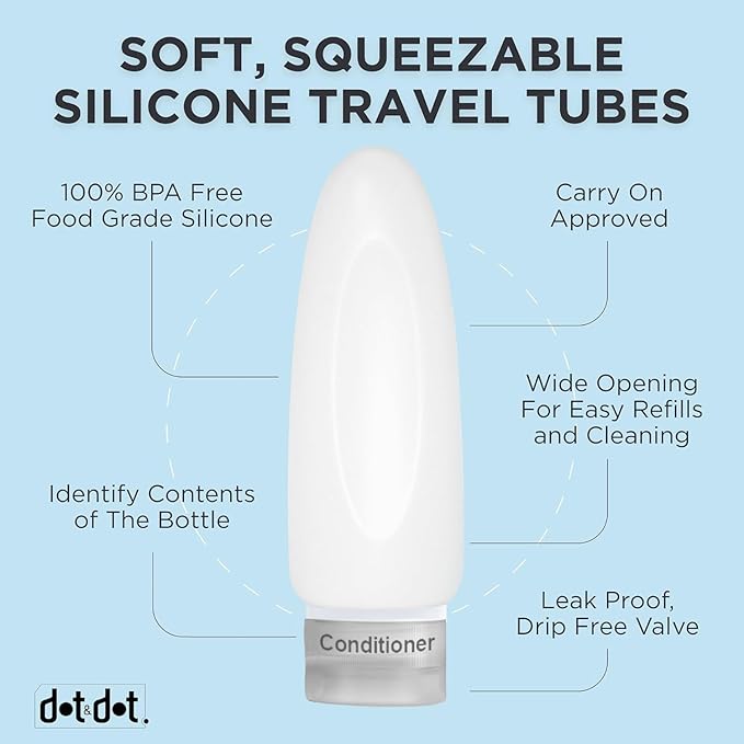 Dot&Dot Leak Proof Travel Bottles - Tubes for Liquid TSA Approved 3oz 15 pc Silicone Toiletries Travel Shampoo & Conditioner Containers with Labels