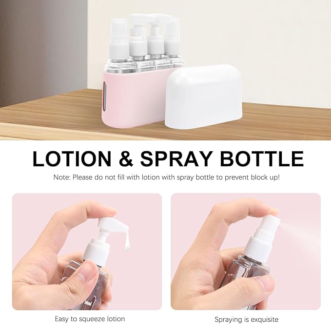 Skycase Travel Bottles - Leak Proof Refillable Tsa Approved Travel Size Toiletries, 4 in 1 Liquid Bottles Containers with Labels and Funnel Airplane Accessories Kits for Lotion Liquid (Pink)