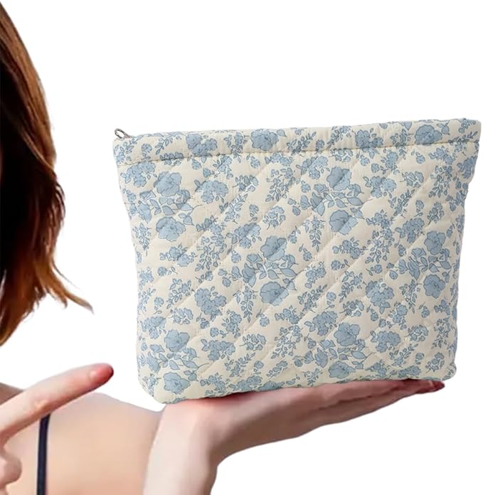 FITINI Makeup Bag Travel Large Portable Quilted Floral Print Cosmetic Organizer Cute Pouch for Women Soft Cotton Zipper Waterproof Toiletry Storage Bags