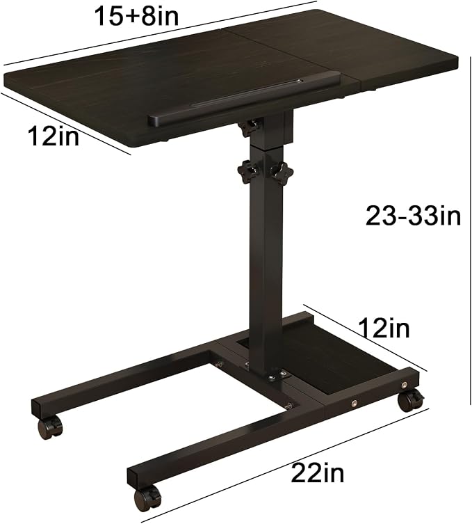 Laptop Desk Stand for Bed Portable Desk Overbed Bedside Mobile Laptop Table Rolling Foldable Table Adjustable Height with Locked Wheels & Mouse Pad for Office Sofa (Dekuwood Black)
