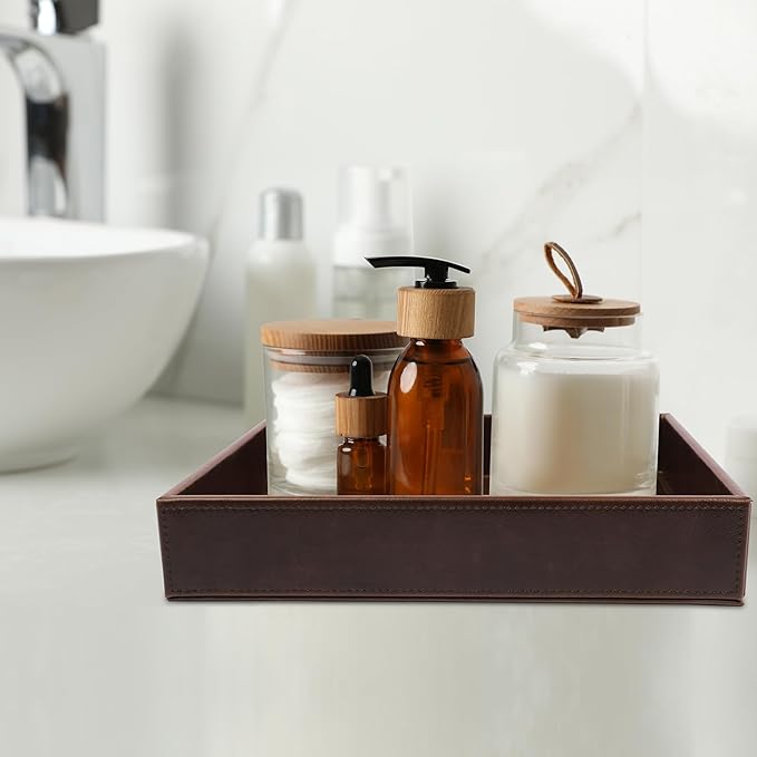 Leather Decorative Vanity Tray, Desktop Storage Organizer, Catchall Tray, Valet Tray, Nightstand or Dresser Organizer Tray for Men Change,Key,Phone,Glasses (Brown)