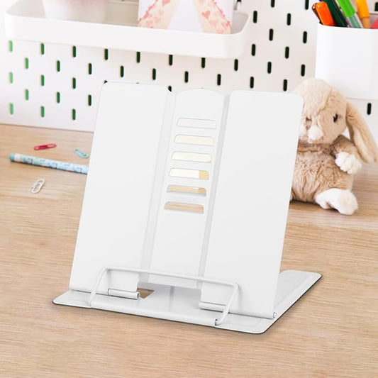Honagu Small Book Stand Book Holder Metal Desk Stand for Reading Hands Free, Adjustable Cookbook Documents Holder, Portable for Music Books, Textbook, Recipe, Tablet, Ipad, Great Gifts (White)
