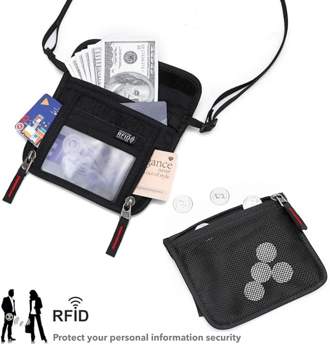 Passport Holder for Travel Pouch Neck Wallet for Traveling Women Men with RFID Blocking Waterproof and Slim Neck Pouch Adjustable Neck Strap (Black(Red zipper))