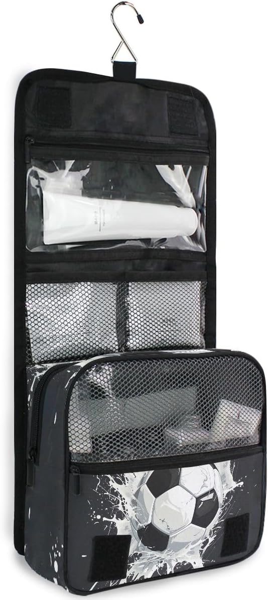 Hanging Travel Toiletry Bag Kit Boys Makeup Case Cosmetics Organizer for Men Women (Soccer Ball)