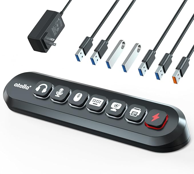 Powered USB Hub, atolla 7-Port USB 3.0 hub (6 Superspeed Transfer Ports+ 1 Fast Charging Port) with Swappable Illuminated Icon Switch and 12V/3A Power Adapter for Windows, MacOS, ChromeOS, Linux