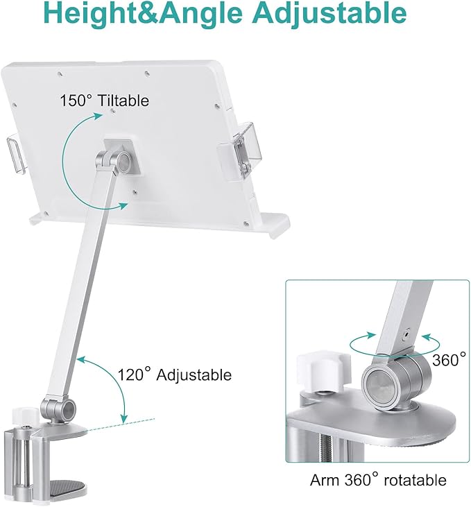 PATIKIL Book Stand for Reading, Metal Reading Rest Book Holder with Page Clips, Height Angle Adjustable, 360° Rotating Arm Suitable for Sheet Music, Laptop