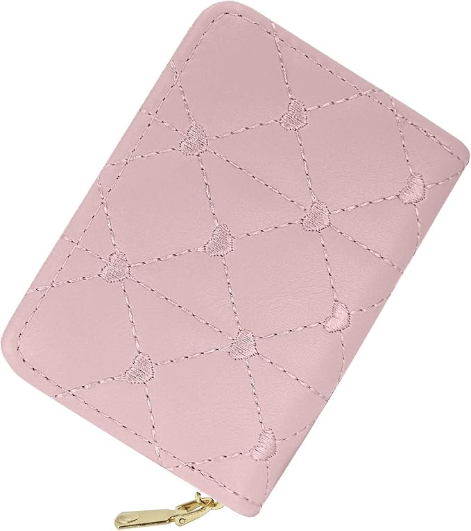 Lady credit card holder, a zippered storage card case, 11 small yet convenient large capacity pockets, heart-shaped embroidery pattern, modern and fashionable style (Light pink)