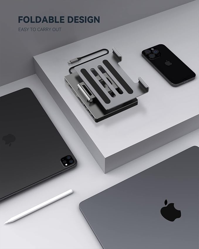 iPad Pro USB C Hub Stand, Multiport Adapter for iPad Pro M4 M3 M2 M1 13 12.9 11 Inch iPad Air Docking Station Foldable 4K 60Hz HDMI, PD Charging, SD/TF Card Reader, 3 USB 3.0, 3.5mm Audio