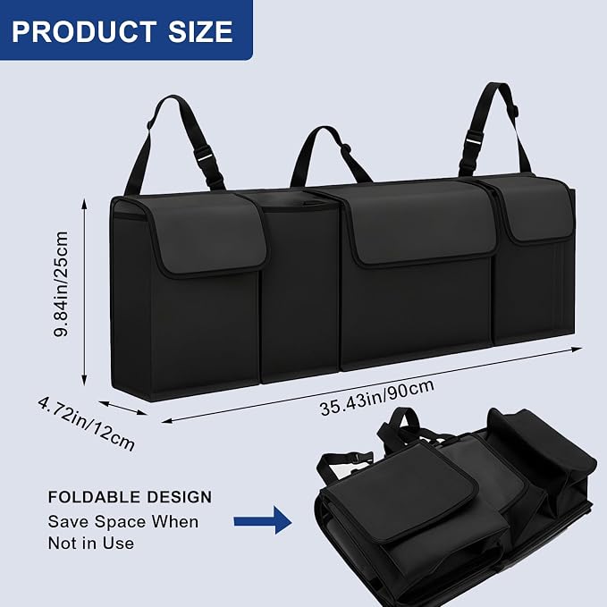 Car Trunk Organizer – Backseat Hanging Large Storage Bag with Adjustable Straps, Waterproof Collapsible Cargo Organizer with 4 Pockets, Space-Saving Trunk Storage for SUV Truck MPV (Black)