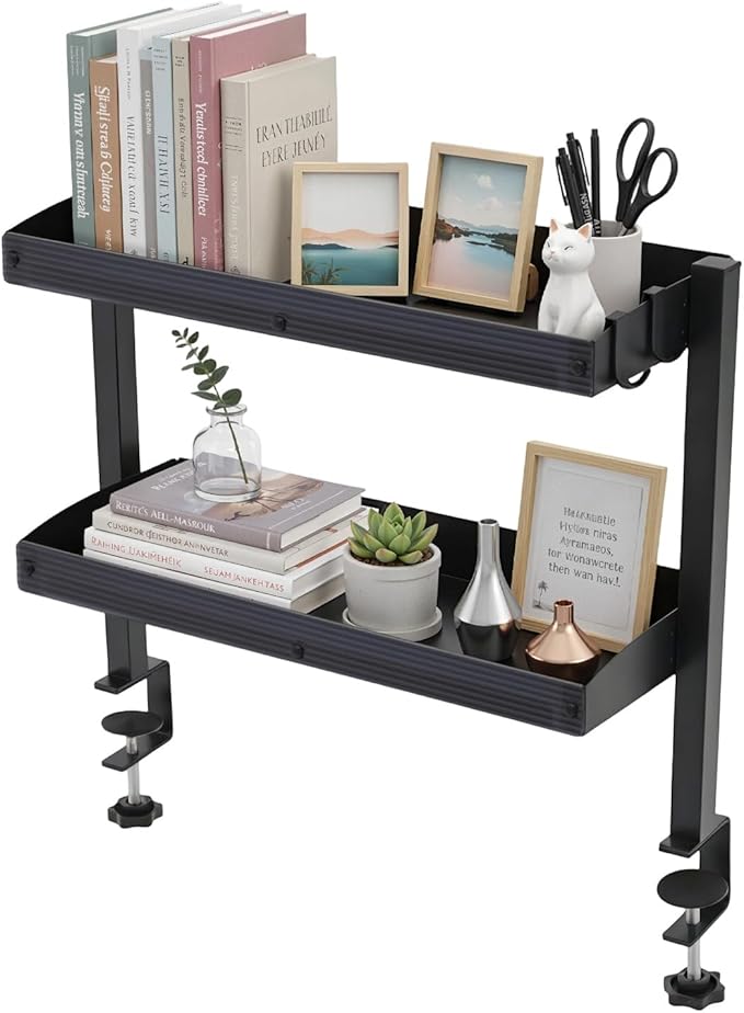 Clamp-On Desk Shelf, 2-Tier Under Desk Organizer with 22 lbs Capacity per Tier, Carbon Steel Desktop Shelf for Laptop Books Storage, Clip-on Shelving with Adjustable Storage Tray for Home Office
