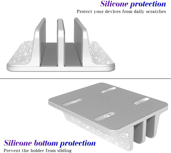 Bling Vertical Laptop Stand, Double Desktop Stand Holder with Adjustable Dock (Up to 17.3 inch),Compatible with All MacBook/Surface/Samsung/HP/Dell/Chrome Book (Silver Glitter Rhinestones)