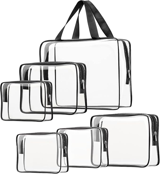 6pcs Clear Cosmetic Bags, TSA Approved Toiletry Bag Set Crystal Clear Travel Beach Essentials Bag Organization PVC, Clear Makeup Bags Luggage Pouch Carry on Airport Airline Compliant Bag Women Men