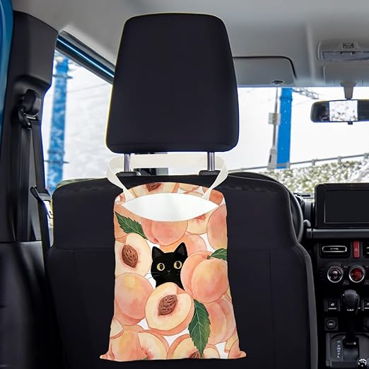 Black Cat Car Trash Bag, Peach Car Trash Bag Hanging, Peach Accessories, Summer Decor Waterproof Cars Back Seat Hanging Organizer Garbage Can for Vehicle Travelling Camping