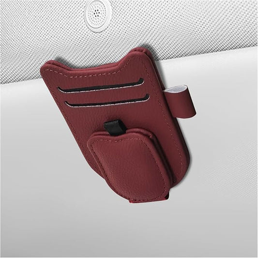 Sunglasses Holder for Car Visor, Magnetic Auto Sun Visor Organizer with Ticket & Pen Clip, Multi-Pocket Leather Eyeglass Clip Interior Accessories for Most Vehicles (Wine Red)