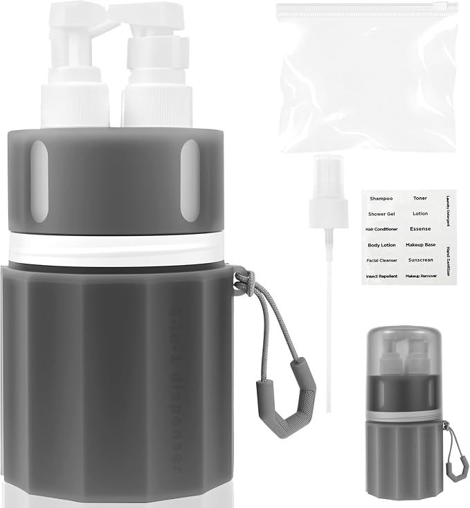 4 in 1 Travel Toiletry Containers, Leak Proof TSA Approved Travel Size Bottles Set with Suction Cup Wall Mount, Refillable Dispenser for Shampoo, Lotion, Soap, Gym & Essentials (Grey)
