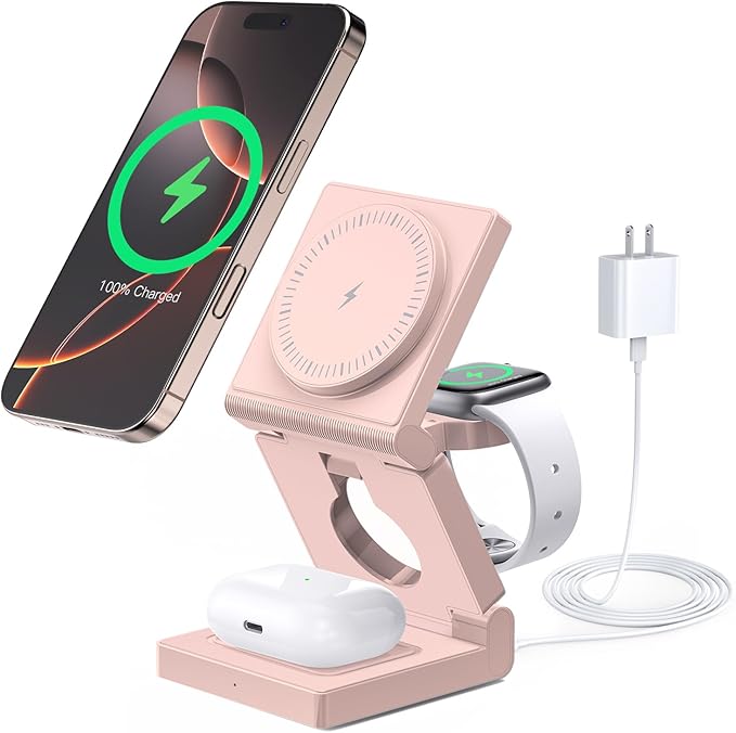 3 in 1 Wireless Charging Station for Apple Multple Devices - Foldable Magnetic Wireless Charger Dock -Travel 18W Charging Pad for iPhone 16 15 14 13 12 Pro/Pro Max/Plus/Watch & Airpods All Series Red