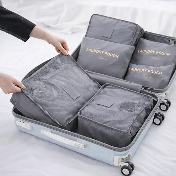 6 Set Travel Packing Cubes for Luggage – Laundry Pouch Organizer Bags, Lightweight Storage Pouches for Clothes, Shoes, and Toiletries (grey)