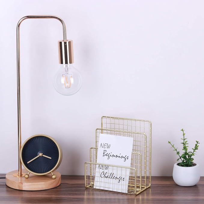 3 Slots Letter Holder, Metal Multifunctional File Holder for Mails, Books, Brochures and Postcards, Desktop Office Organizer Decoration, 5.6” x 3.7” x 7.0”, Gold