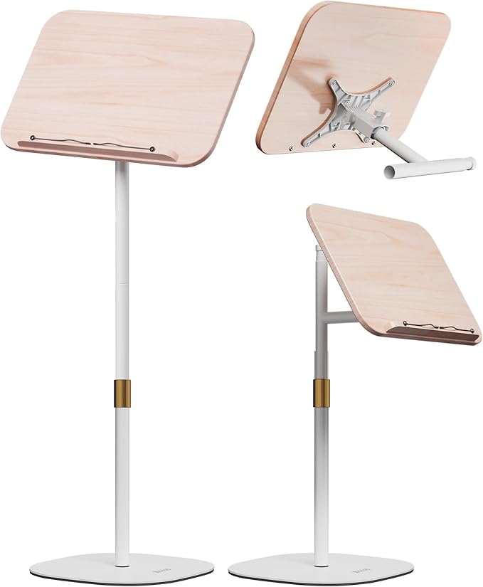 aboutool 2 in 1 Dual-use Floor Book Stand & Desktop Book Stand,Height Adjustable from 33-63in, Adjustable Book Holder with Elastic Page Clips for Music Scores, Recipe, Tablet, Laptop(White)