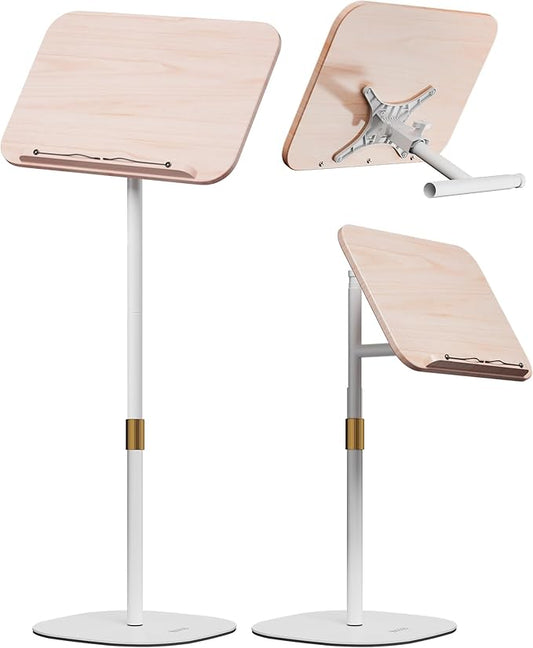 aboutool 2 in 1 Dual-use Floor Book Stand & Desktop Book Stand,Height Adjustable from 33-63in, Adjustable Book Holder with Elastic Page Clips for Music Scores, Recipe, Tablet, Laptop(White)