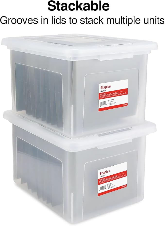 STAPLES Plastic File Box with Snap Lid, Letter/Legal Size, Clear, 4/Carton