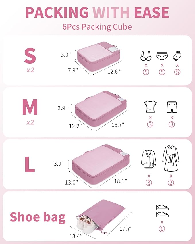 ECOHUB 6 Set Packing Cubes for Travel Durable Suitcase Organizer Bags Set with Personalized Tag Travel Essentials with Shoe Bag Traveling Accessories for Luggage Machine Washable, Pink