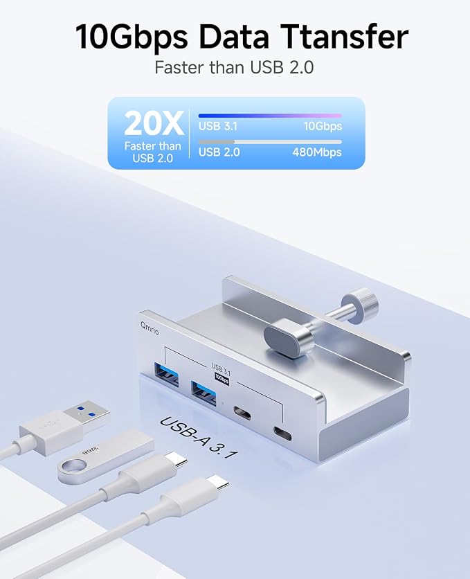 USB Hub 3.1, 10Gbps Clamp USB Hub with 2 USB-A Data Ports, 2 USB-C Port with Extra Power Supply Port (Silver)