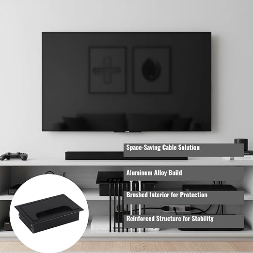 Desktop Cable Management Cover for Desk Organization - Aluminum Alloy Cable Box with Brush Seal (Black, 8.0x12.0x2.8 cm)