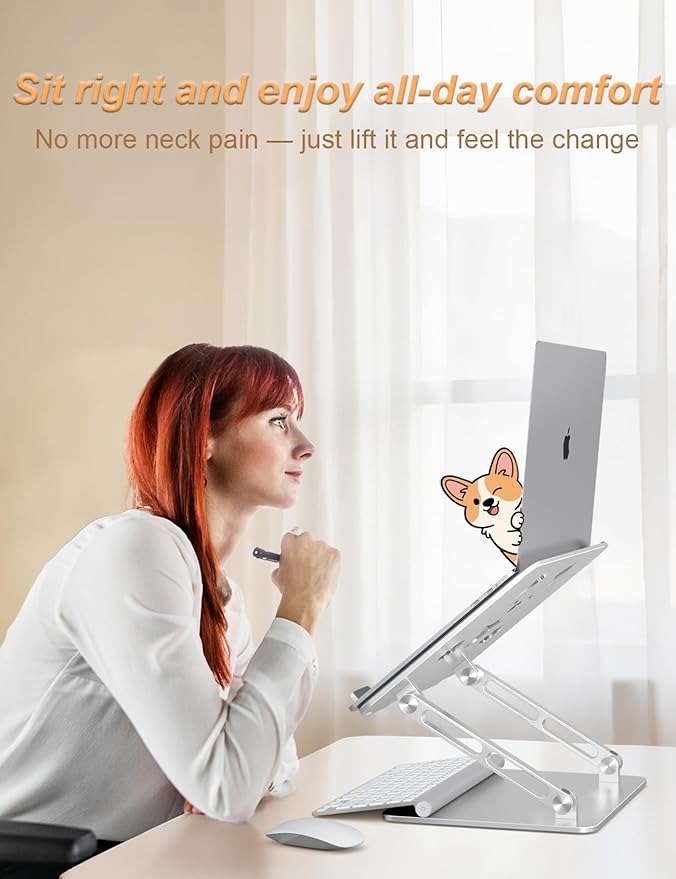 Laptop Stand for Desk-Adjustable, Foldable, Portable, Ergonomic Aluminum Notebook Riser with Unique Puppy Cooling Vent, Desk Gift for 10-17.3" Devices Mac, Dell, HP, Lenovo, Samsung, Silver